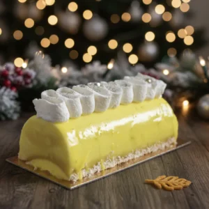 Patisserie restaurant Martigny Une bûche couleur citron, avec une colerette de crème et des perles dorées, devant un sapin de noël